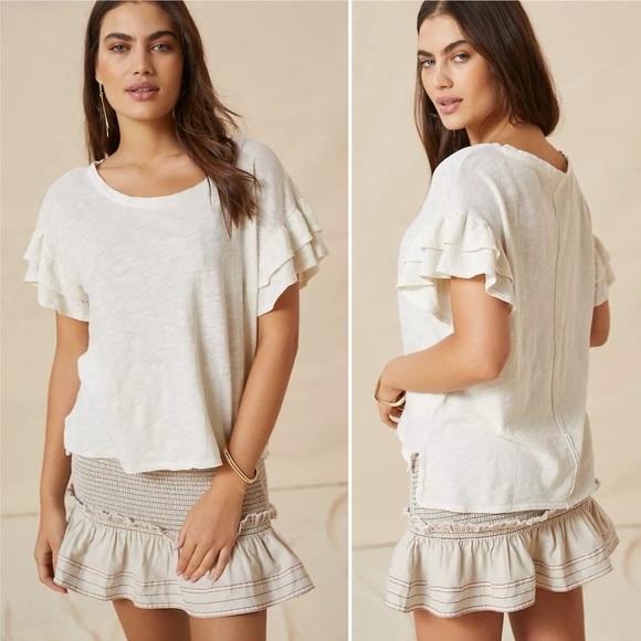 Anthropologie Pilcro Heritage Femme Tee XL ivory cream ruffle sleeve t-shirt top - Picture 15 of 15